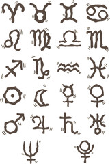 Astrological symbols Stone Age style for decoration on sign of zodiac and horoscope concept.