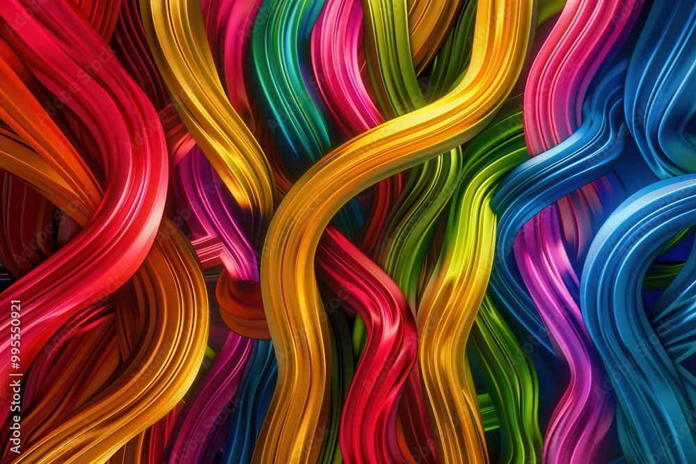 Poster Colorful ribbons intertwining in vibrant patterns create an abstract display of light and texture against a dark background, showcasing artistic design and lively energy
