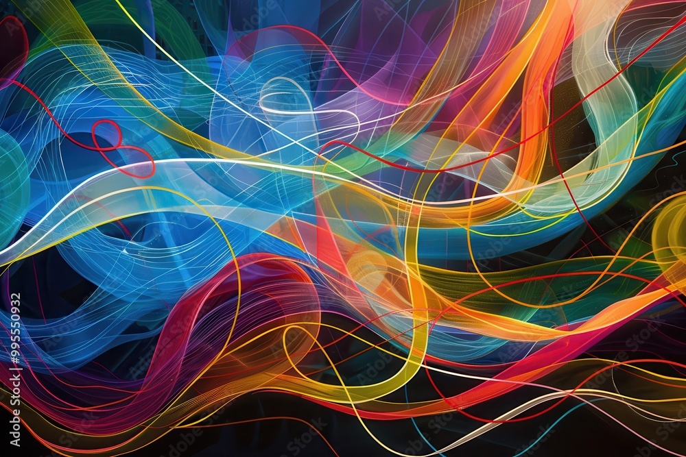 Poster Colorful ribbons intertwining in vibrant patterns create an abstract display of light and texture against a dark background, showcasing artistic design and lively energy