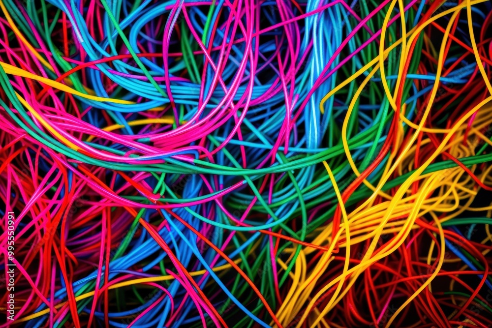 Poster Colorful ribbons intertwining in vibrant patterns create an abstract display of light and texture against a dark background, showcasing artistic design and lively energy