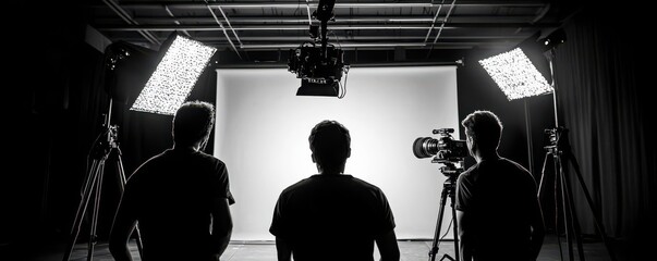Behindthescenes of a retro movie set, with silhouettes of filmmakers working under bright lights, capturing the magic of old Hollywood