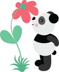 Cute panda smelling big flower