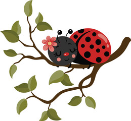 Happy ladybug sleeping on a tree branch with leaves © soniagoncalves
