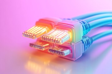 Pink yellow and blue Ethernet cables with rainbow connectors on a pastel background symbolizing colorful and secure data connections