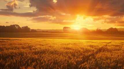 Fototapeta premium A golden sunset over a picturesque farm with fields of crops basking in the evening light.