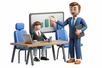 Fototapeta premium Flat Vector Illustration of a Candid Business Leader Presenting an Acquisition Plan in a Boardroom Meeting - Strategic Vision for Corporate Decision Making