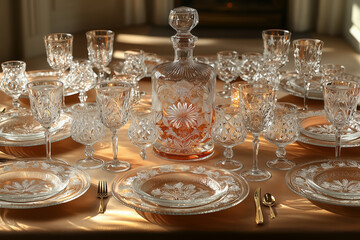 Elegant vintage-inspired crystal glass dinnerware set with etched details