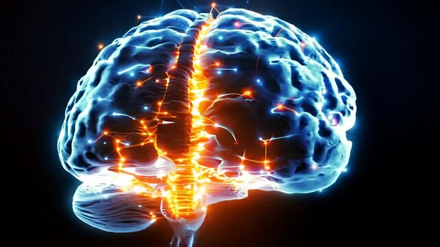 A brain with many lines and dots surrounding it. The brain is surrounded by a blue and orange glow