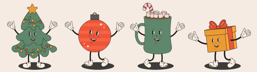Christmas characters in groovy retro style. Hippy Christmas tree, bubble, Hot chocolate mug, gift with winter holidays decoration. For greeting cards, party invitation, banners.
