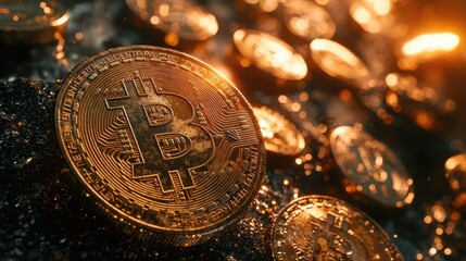 Glowing Golden Bitcoin Coins on Black Velvet - Cryptocurrency Wealth Concept