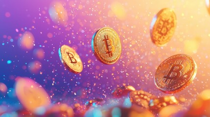 Golden Bitcoin Coins Falling in Slow Motion - Exciting Crypto Opportunity Concept with Sparkling Effect on Vibrant Gradient Background