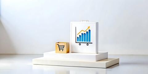 Flat Modern Podium with Shopping Tag and Business Chart - Ideal for Retail Analytics Marketing Campaigns in a Clean, Simple Vector Design