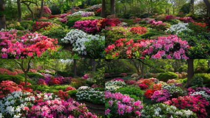 A lush, verdant garden filled with blooming azaleas, their vibrant, clustered flowers in shades of pink, white, and red, creating a captivating and visually striking scene