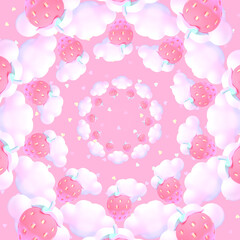 Cartoon strawberries and clouds sky.