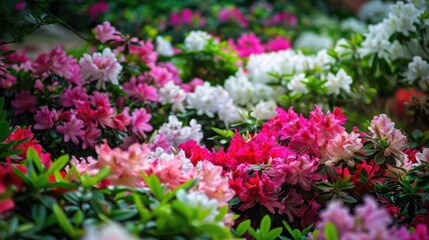 Obraz premium A lush, verdant garden filled with blooming azaleas, their vibrant, clustered flowers in shades of pink, white, and red, creating a captivating and visually striking scene