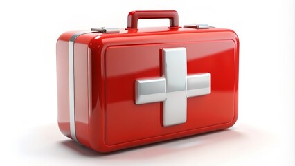 Obraz premium Red first aid kit closed is lying on a white background