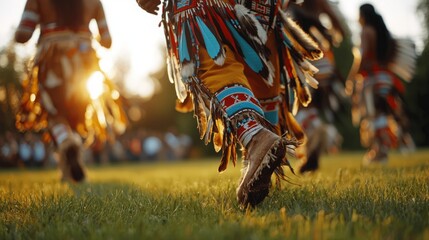 The feet of a dancer in traditional attire move across the grass during a performance.