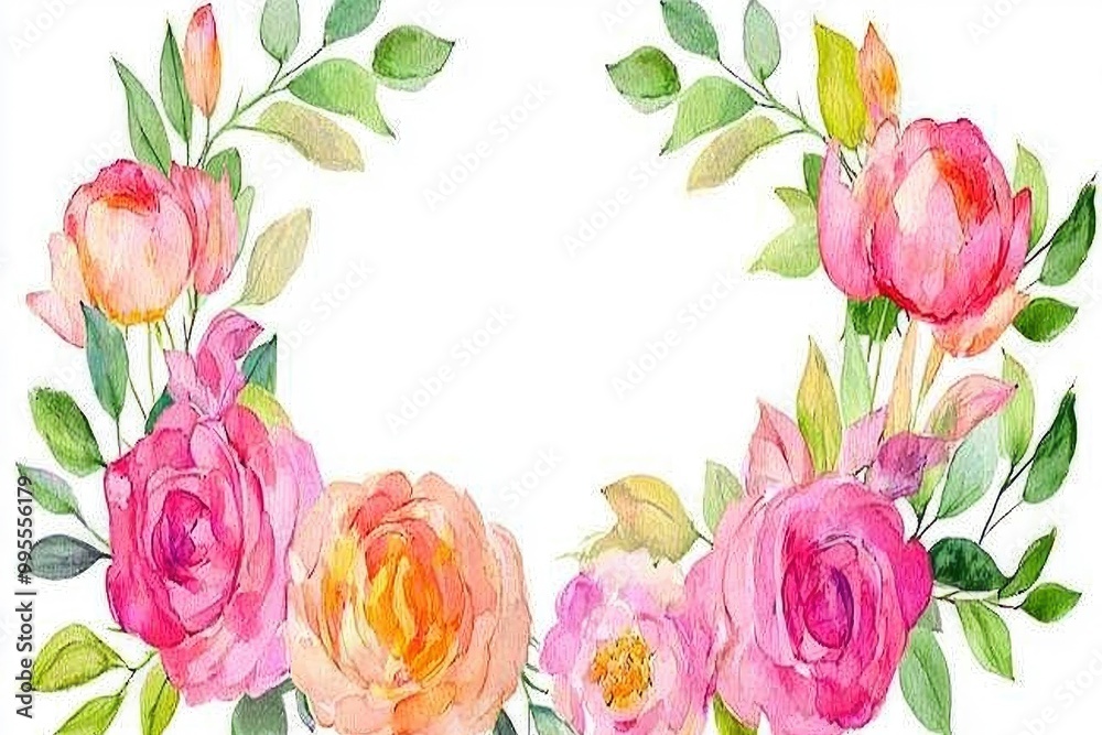 Wall mural Watercolor Floral Wreath with Pink and Peach Roses