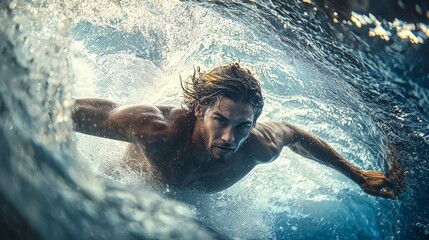 Male surfer in wave tunnel, intense focus, sunlight reflecting off brilliant water, displaying exceptional skill.
