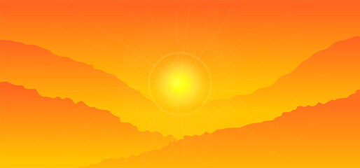landscape sunset, orange light, sunrise at mountain range, sunset at valley landscape horizon