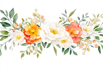Watercolor Floral Arrangement with White, Peach, and Yellow Flowers