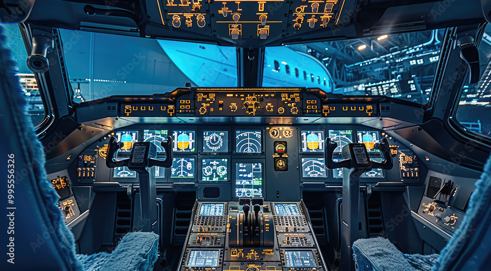 Poster the aircraft cockpit simulation exhibition area with a touch of technology.