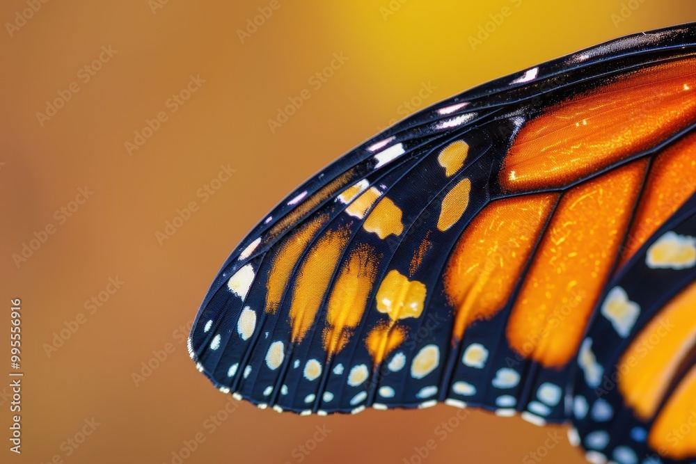 Poster close-up view of a monarch butterfly wing showcasing vibrant orange and black patterns against a blu