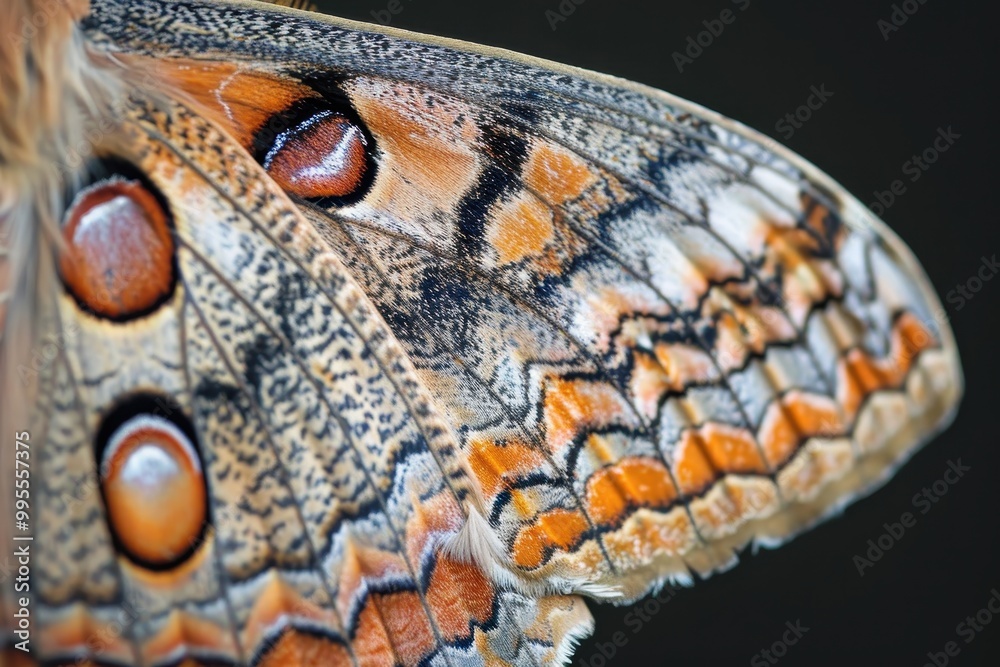 Poster Close-up view of a colorful butterfly wing showcasing intricate patterns and textures in natural light