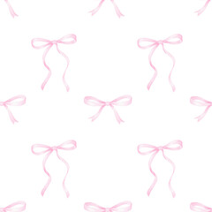 cute pink bows. Watercolor seamless pattern on white background for children's textiles and wrapping paper