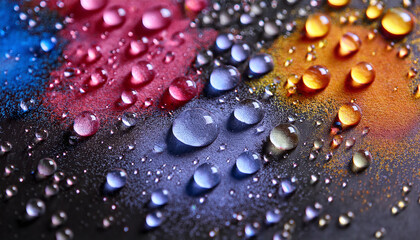 Macro shot of water droplets and colorful chalk dust on a chalkboard, creative and artistic, stock photo