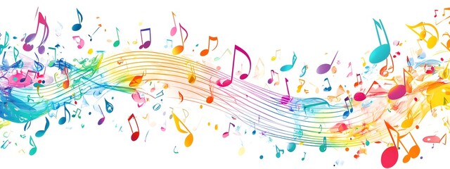 Colorful musical notes and treble clefs on a white background, vector illustration with space for text or message