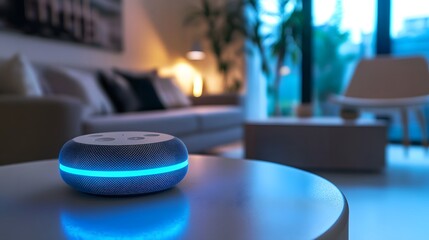 A Smart Speaker with Blue Light in a Living Room