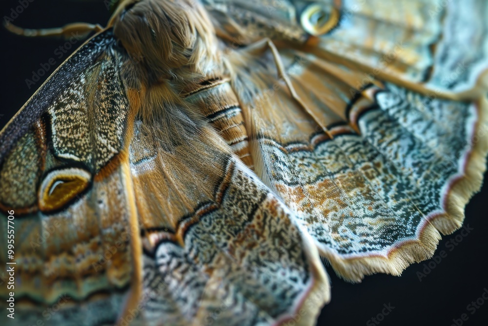 Poster Close-up view of a colorful butterfly wing showcasing intricate patterns and textures in natural light