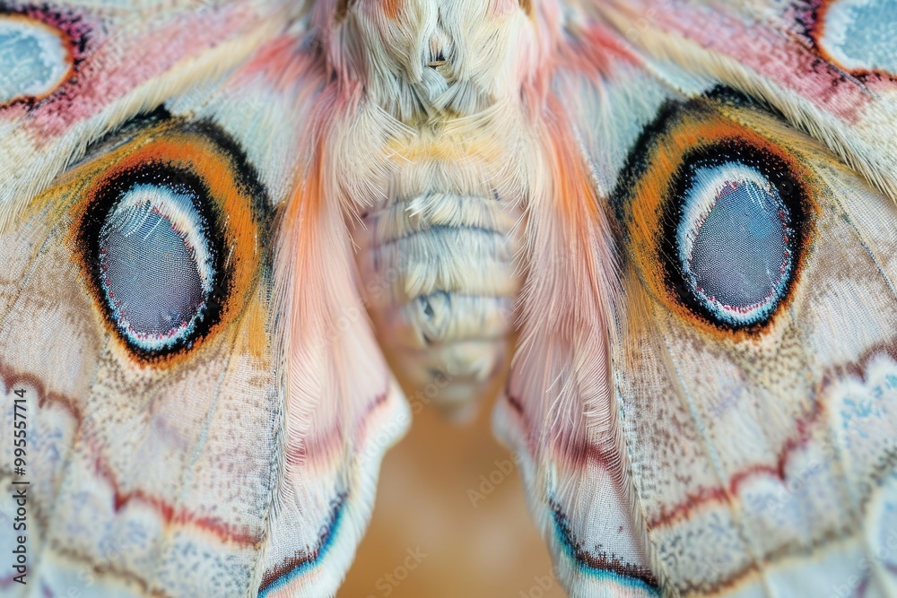 Poster Close-up view of a colorful butterfly wing showcasing intricate patterns and textures in natural light