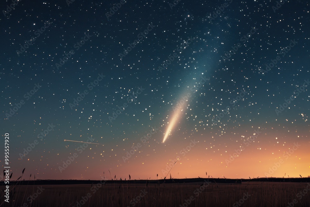 Aufkleber a breathtaking view of a comet streaking across the night sky over a tranquil field during twilight,
