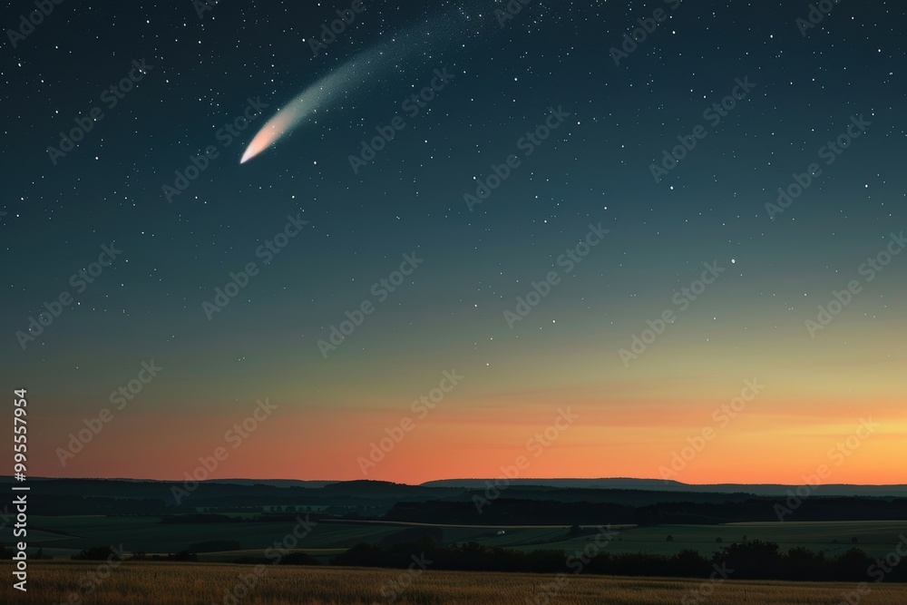 Aufkleber a breathtaking view of a comet streaking across the night sky over a tranquil field during twilight,