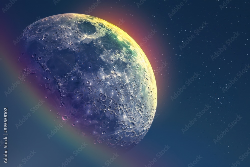 Poster a vibrant view of the moon shining brightly in a starry night sky with a subtle rainbow arc capturin