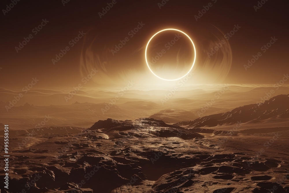 Poster a stunning celestial event occurs as a total solar eclipse casts a dramatic shadow over the rugged s