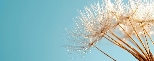 Macro shot of sparkling golden dew drops on a dandelion seed with a soft blue background, emphasizing natural beauty and delicacy