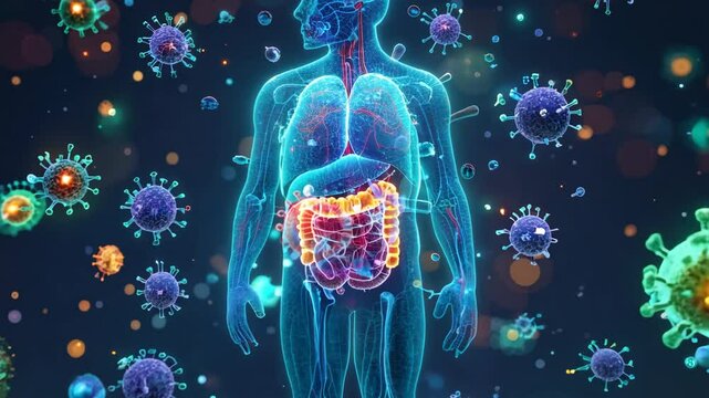 A colorful image of a human body with a virus in the stomach. The image is vibrant and lively, with a sense of urgency and importance