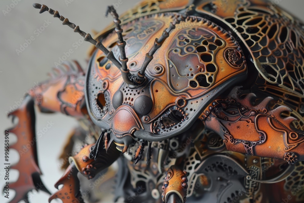 Aufkleber Detailed close-up of a sculpted insect design showcasing intricate textures and patterns on its surface, illuminated in soft lighting for enhanced visual impact