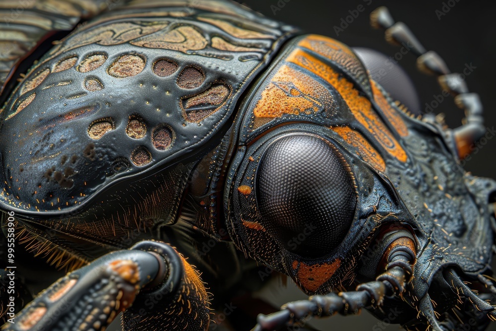 Aufkleber Detailed close-up of a sculpted insect design showcasing intricate textures and patterns on its surface, illuminated in soft lighting for enhanced visual impact