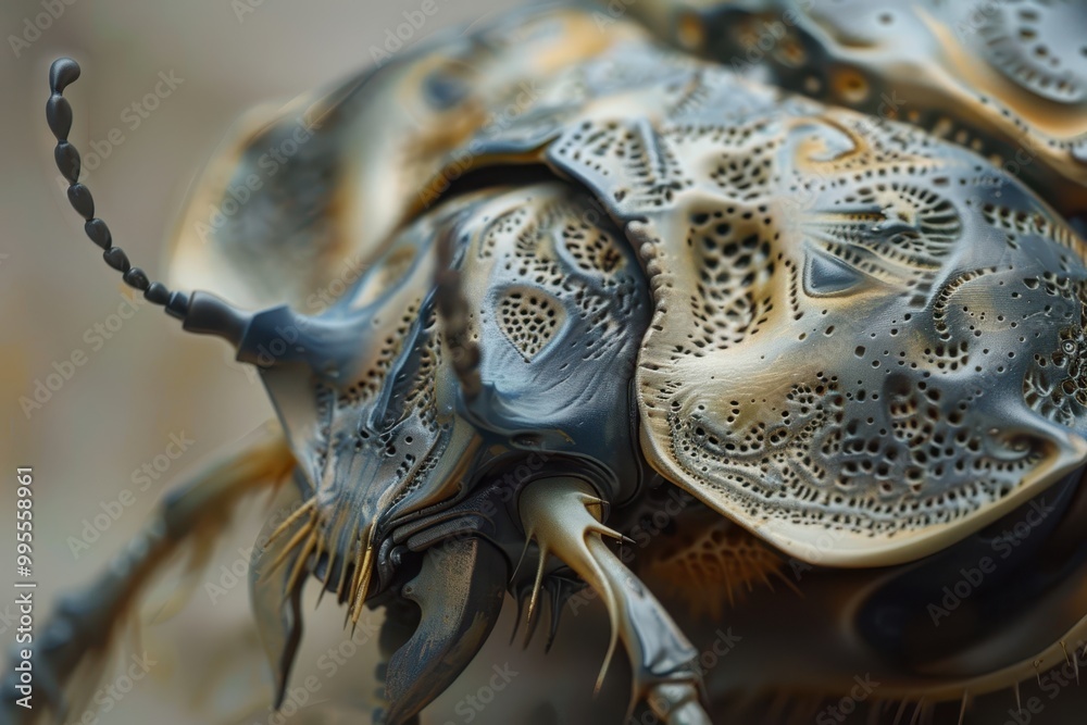 Poster close-up of a marine creature showcasing intricate patterns and textures on its surface, likely foun
