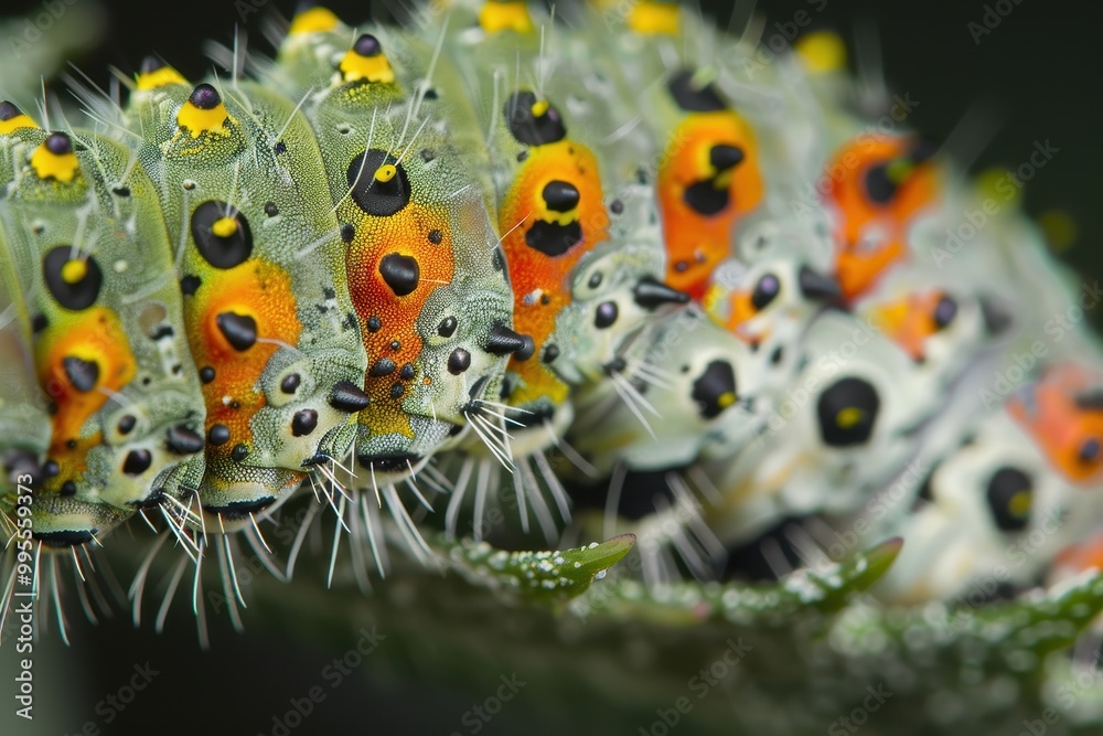 Poster a close-up of a vibrant caterpillar resting on a leafy branch during a sunny day in a lush garden