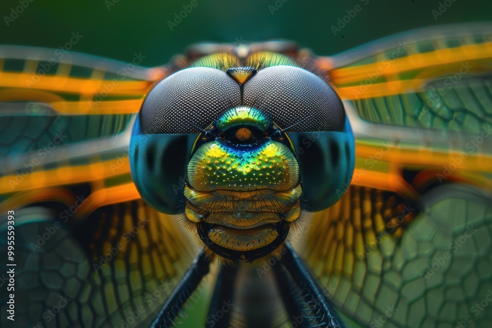 Aufkleber A close-up view of a vibrant dragonfly showcasing intricate eye patterns and color details in nature during bright daylight