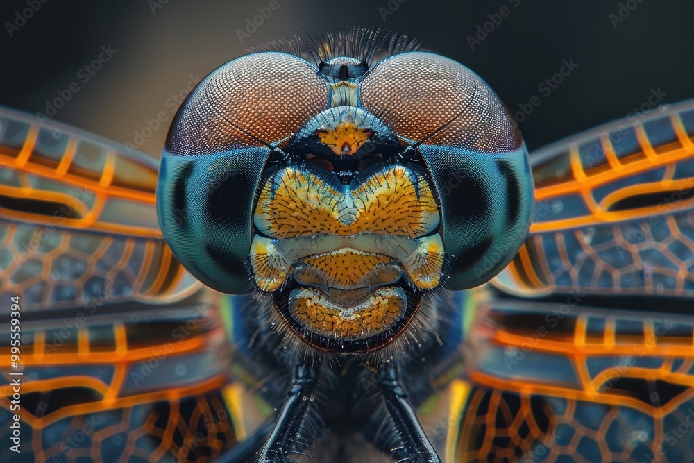 Aufkleber A close-up view of a vibrant dragonfly showcasing intricate eye patterns and color details in nature during bright daylight