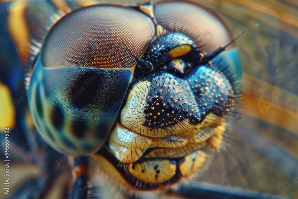Aufkleber A close-up view of a vibrant dragonfly showcasing intricate eye patterns and color details in nature during bright daylight