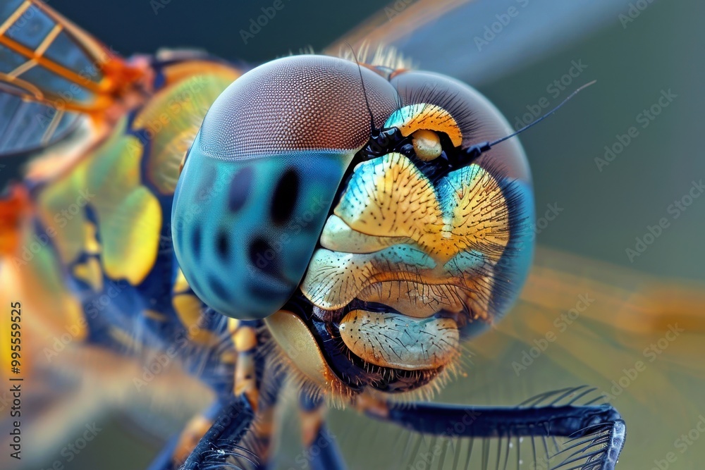Poster A close-up view of a vibrant dragonfly showcasing intricate eye patterns and color details in nature during bright daylight