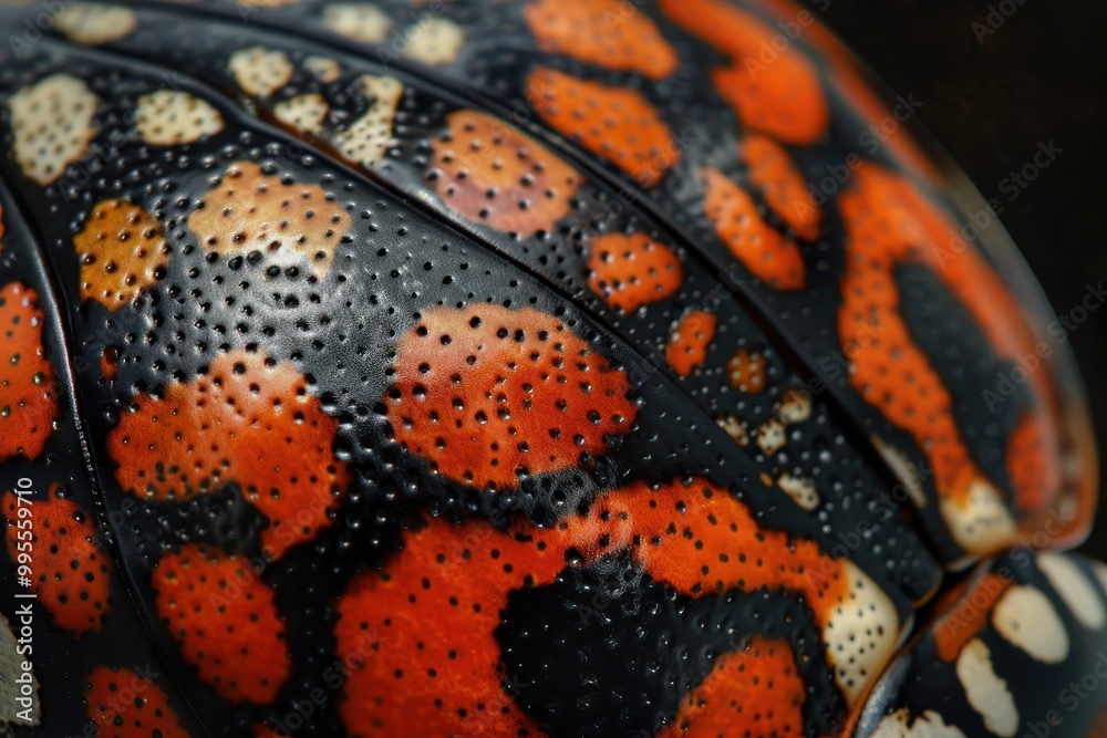 Poster Close-up view of a vibrant and colorful tortoise shell showcasing intricate patterns and textures in a natural setting, highlighting the beauty of wildlife
