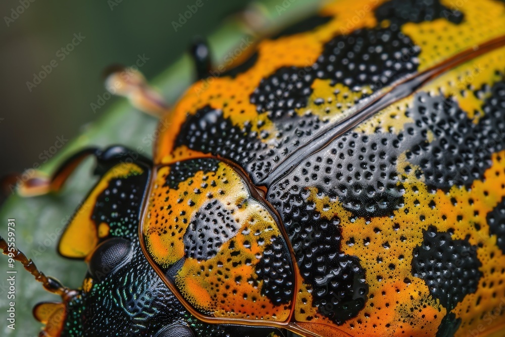 Poster Close-up view of a vibrant and colorful tortoise shell showcasing intricate patterns and textures in a natural setting, highlighting the beauty of wildlife